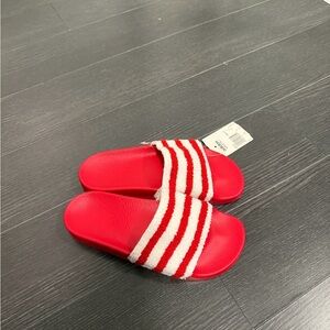 adidas Kids Red Slides with White Striped Strap